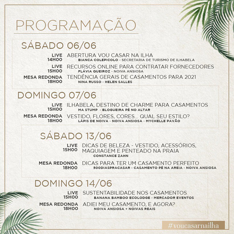 Programação - Feira virtual de noivas - Vou Casar na Ilha - Ilhabela 2020