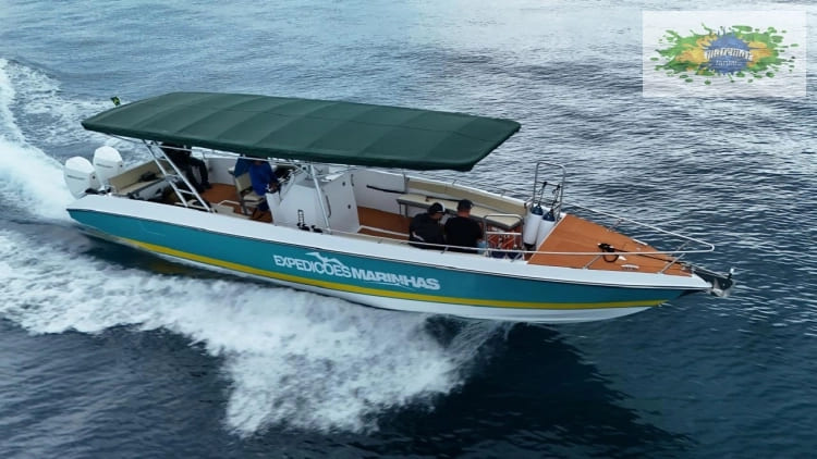 Barco Expedições Marinhas, uma das embarcações da Maremar utilizadas para passeio de avistamento de baleias em Ilhabela