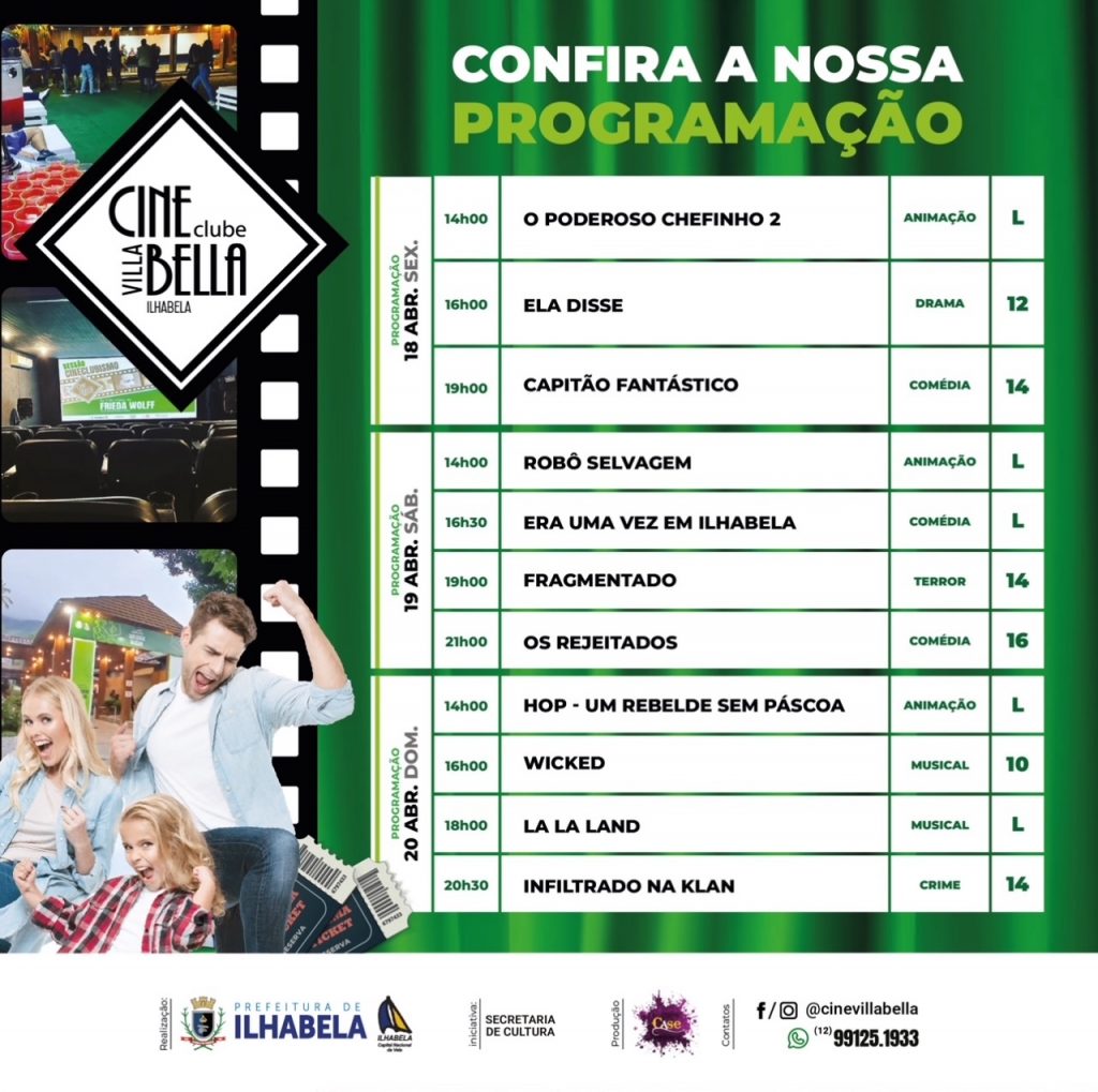 Programação Cine Clube Villa Bella - Cinema em Ilhabela no feriado de Páscoa