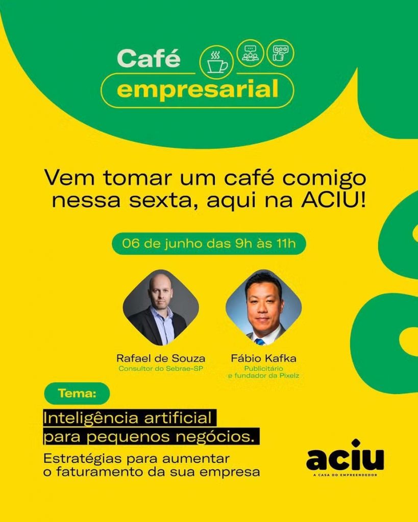 Café Empresarial ACIU Ubatuba sobre Inteligência Artificial com palestra de Fábio Kafka, fundador da Pixelz, empresa responsável pela gestão do Ilhabela.com.br