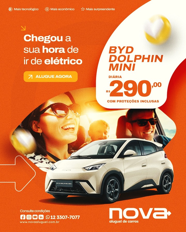 BYD Dolphin Mini para locação e test drive gratuito na Nova Aluguel - Vale do Paraíba e Litoral Norte